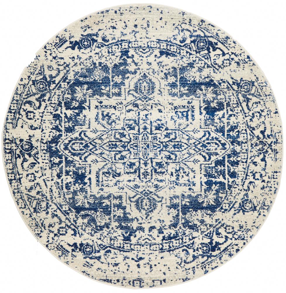 Evoke Horizon White Navy Transitional Round Rug